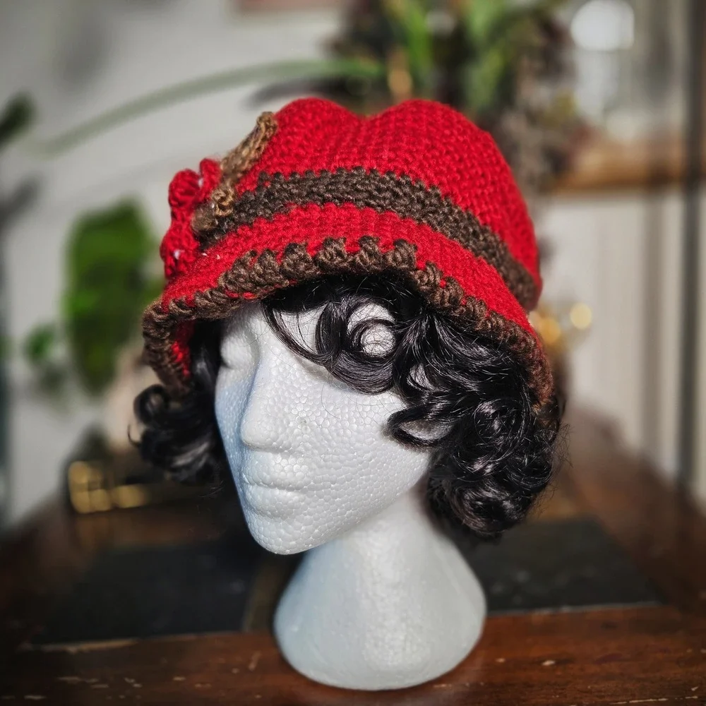 Handmade Red Knit Crochet Cloche‎ Hat Floral Pearl Accent Bucket Hat